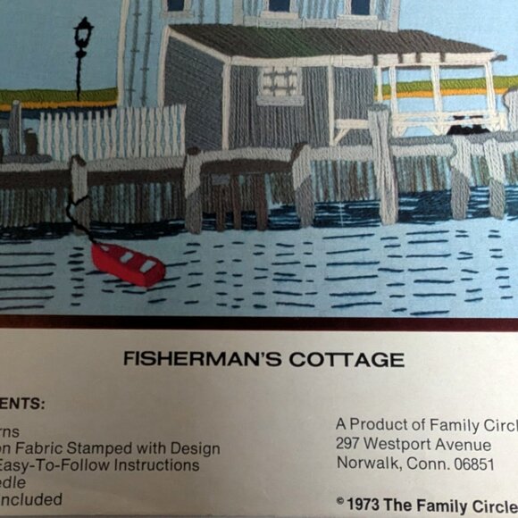 Vintage Family Circle Crewel Kit: Fisherman's Cottage - 1973 - Imperfect - Picture 3 of 4